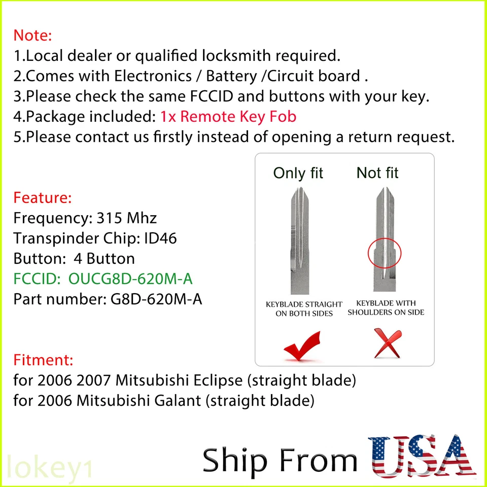 Mando a distancia de reemplazo para Mitsubishi Eclipse Galant 2006 2007 OUCG8D-620M-A Foto 2 de 4