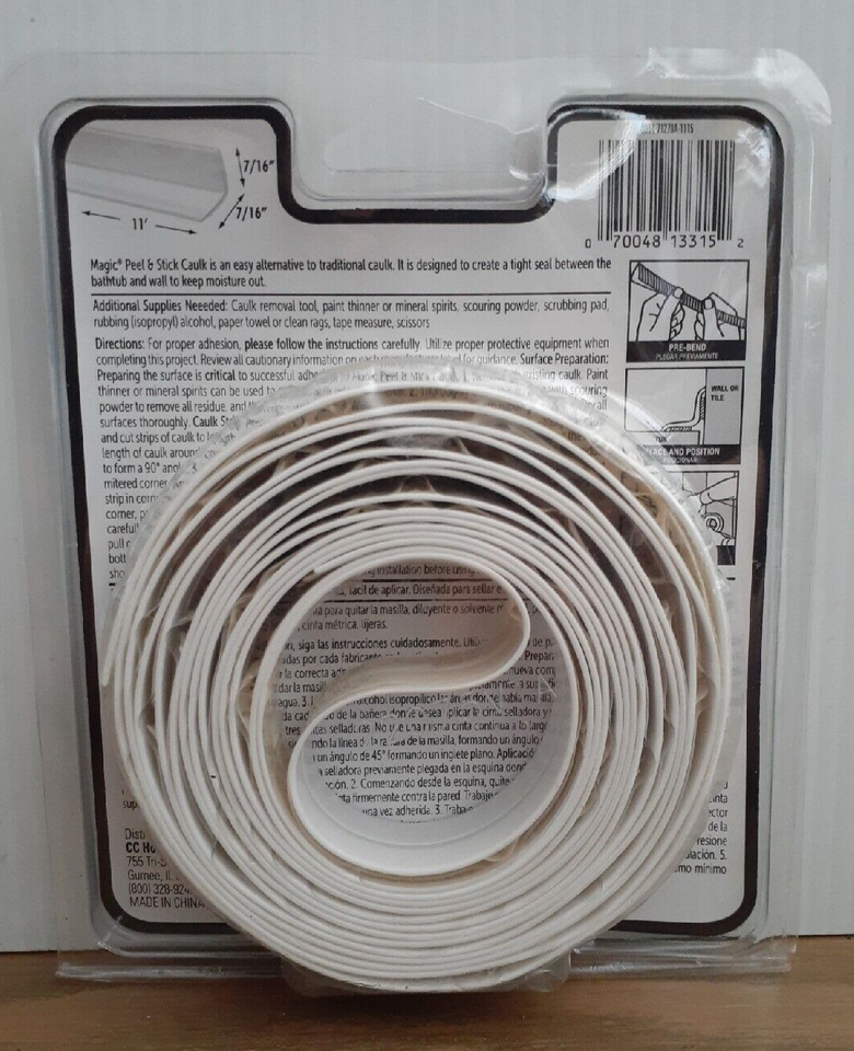 Magic Peel & Stick Caulk Tub & Wall WHITE 7/8" x 11' Bathtub Shower