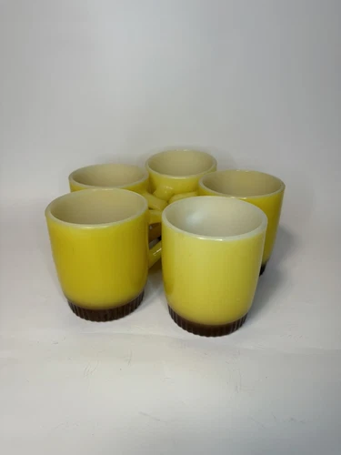 Lot of 5 Anchor Hocking Fire King Kimberly Diamond Coffee Cups/Mugs Yellow/Brown