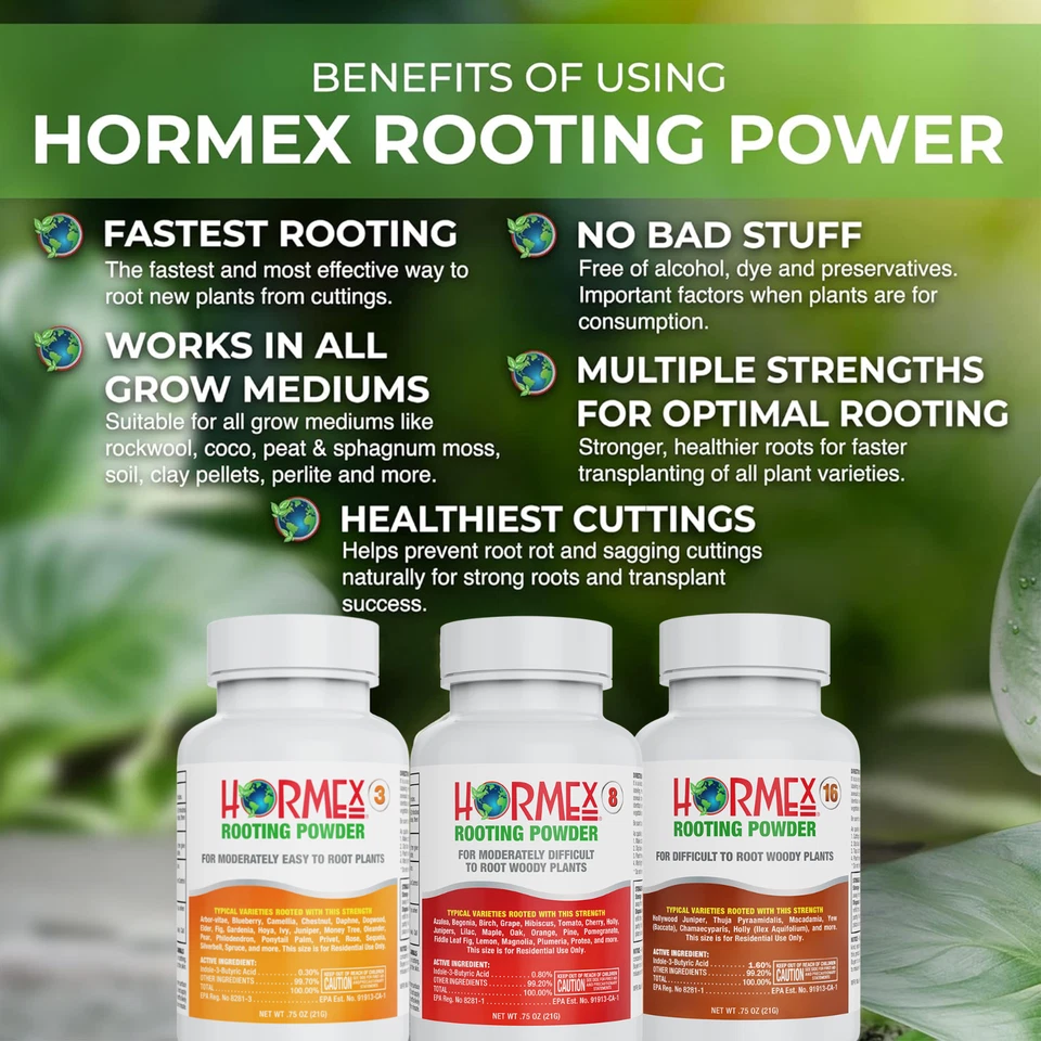 Hormex Polvo de Enraizamiento #3, 8, 16 Pack - Fácil a Difícil de Enraizar Plantas Leñosas Foto 2 de 4