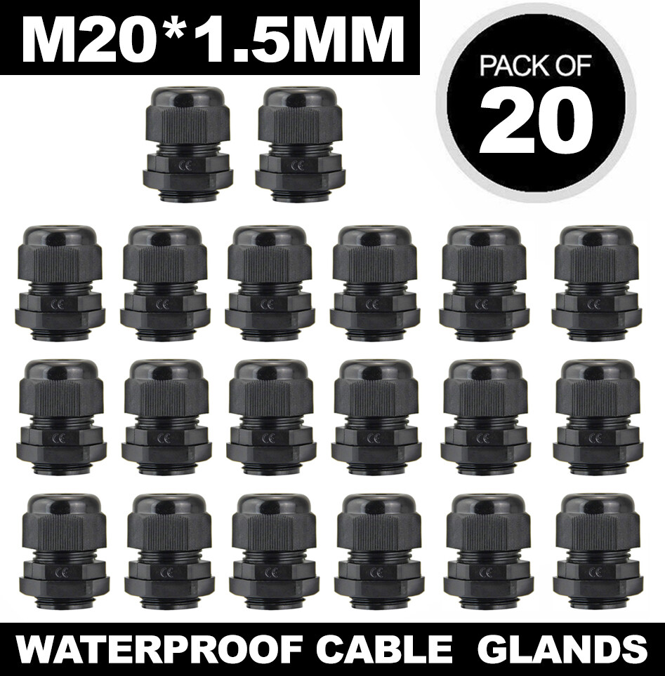 20X 20MM NEGRO M20 CABLE GLÁNDULA IMPERMEABLE IP68 RELLENO TUERCA DE BLOQUEO LED