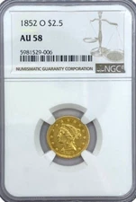 NGC AU58 1852-O $2.5 Liberty Gold Coin, Scarce Semi Key date, Nice Grade.