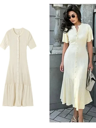 OFF WHITE Abito lungo donna scavato maniche corte maglia donna abito spacco scollo a O