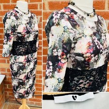 LADIES Size 12 Green Black Dress Floral Lace Stretchy Spring Wedding L7