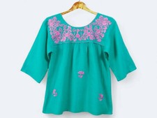 Hand-Embroidered Mexican Oaxacan Blouse: Peasant Top in Blue Soft Cotton