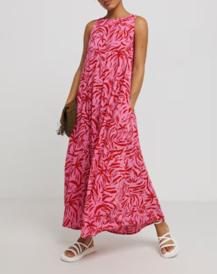 SIMPLY BE DAMEN MAXIKLEID ROT/ROSA BEDRUCKT CRINKLE TRAPEZ NEU (ref 551)