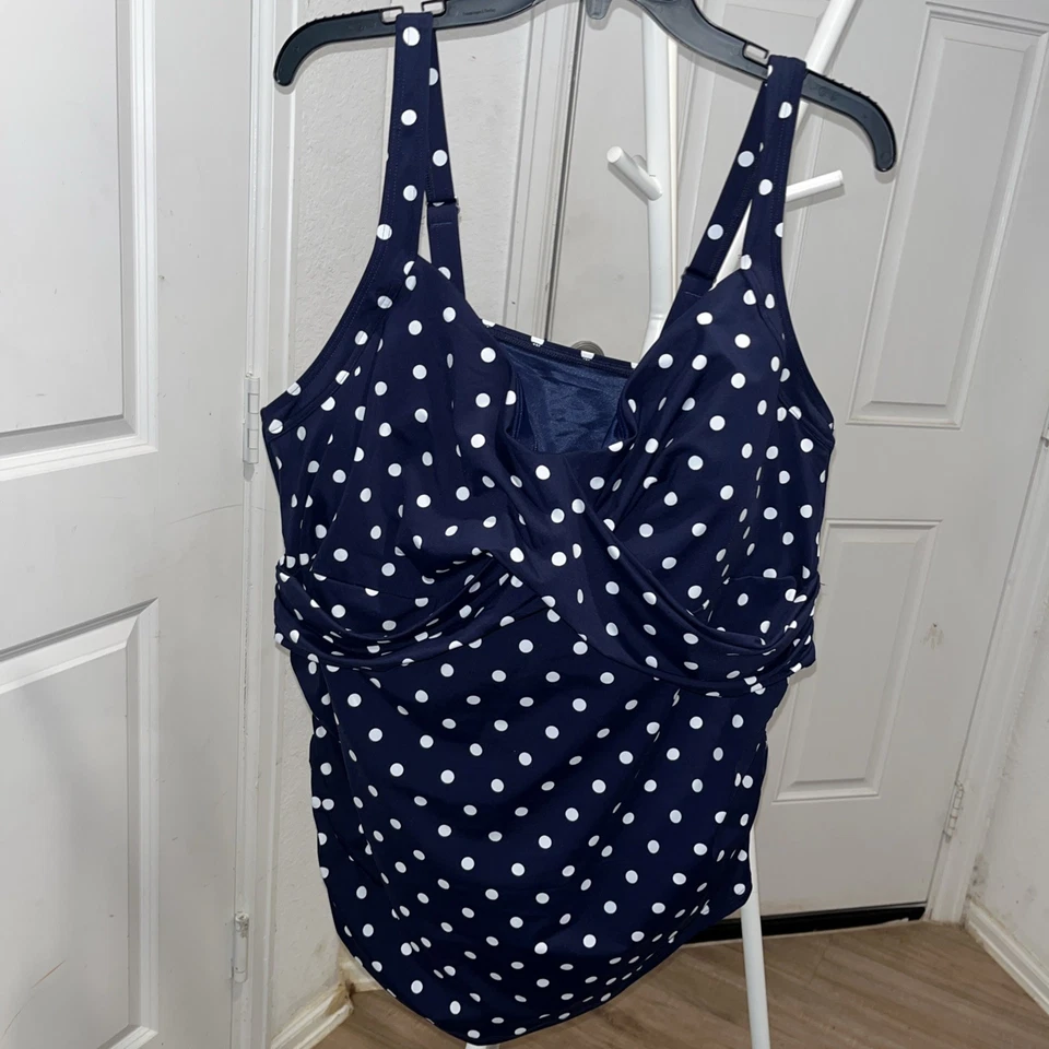 Lands End Swim Top Tankini 女式 Plus 24W UW 蓝色 Polk A 点印花 — 第 2/3 张图片