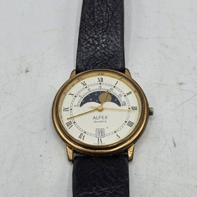 Vintage Alfex Moon Phase Roman Numerals Dial Swiss Made Quartz