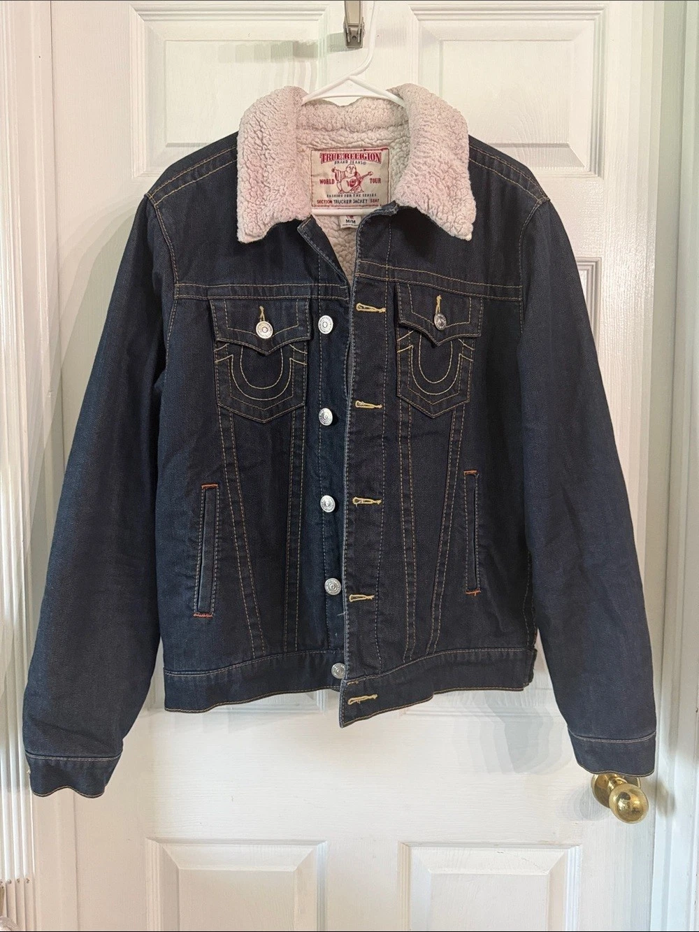 True Religion Navy Denim Jacket with Cream Sherpa Collar image 1