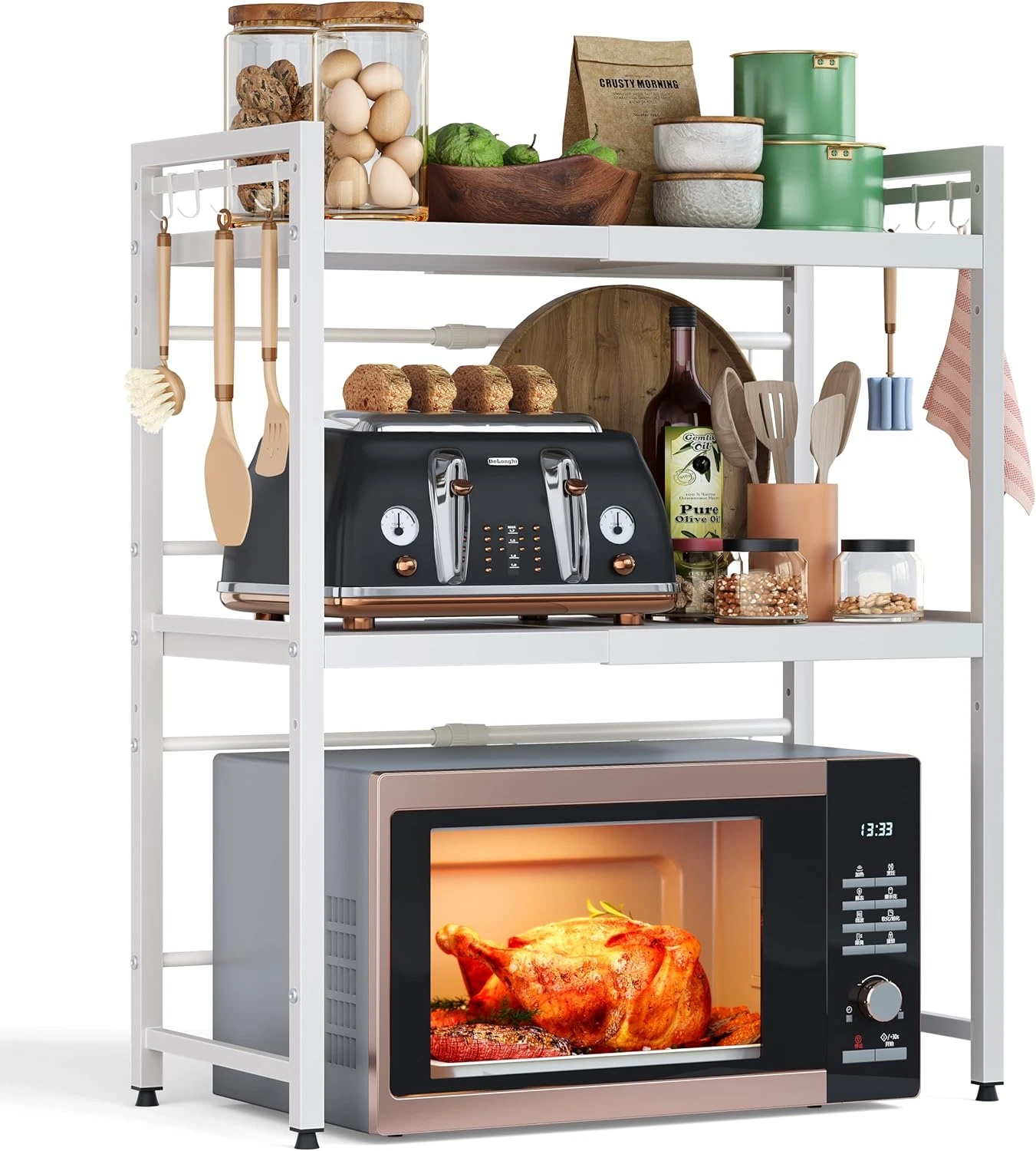 Expandable Microwave Stand, 3 Tier Metal Kitchen Countertop Organizer Shelves