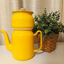 RARE 1960'S Vintage Yellow Steel Enamelware Drip Coffee Pot Maker 4pc. Complete