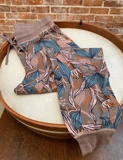 AnyBody Smokey Taupe Tropical Cozy Knit Floral Jogger Pants New Loungewear