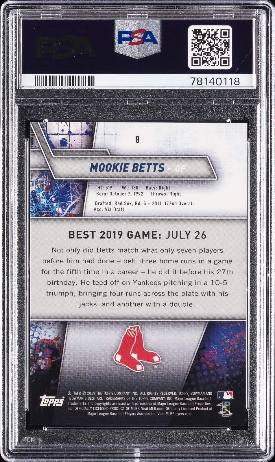 2019 BOWMAN'S BEST ORANGE REFRACTOR #8 MOOKIE BETTS 13/25 PSA 10 view 2