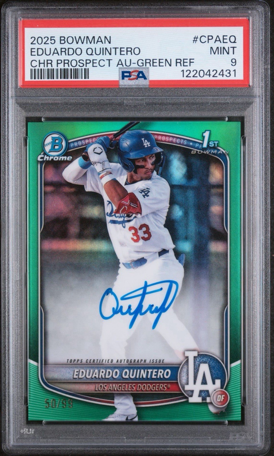 EDUARDO QUINTERO 2025 BOWMAN CHROME #CPA-EQ GREEN REFRACTOR AUTO 54/99 PSA 9