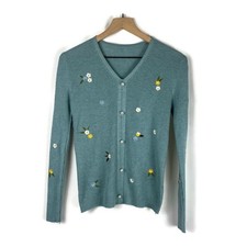 Floral Embroidered Green Sweater Ribbed Knit V-neck Pearl Detail Est S/M Garden