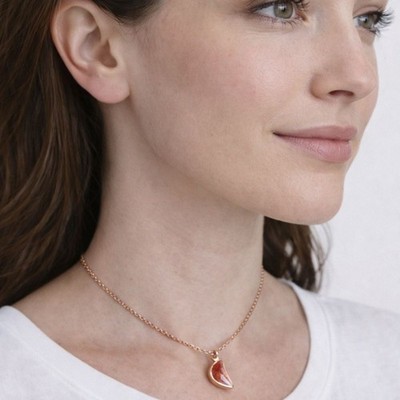 Influence Semi-Precious Crescent Moon Red Pendant Necklace Gold Tone 18  Chain