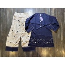 Ethnc 2 Piece Set Navy Blue Tunic Cream Heart Embroidered Pants Trousers
