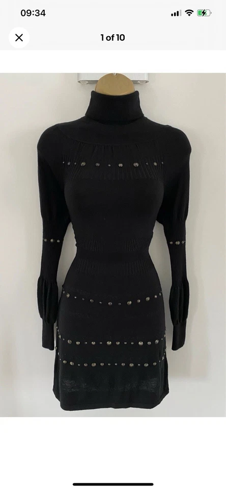 VESTIDO DE MALHA FINA KAREN MILLEN TAMANHO 1 - 8 10 VINTAGE LÃ MERINO CRAVEJADO GOLA REDONDA - Imagem 2 de 4