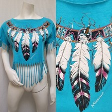 Vtg 80's Native American Turquoise Fringe Feather Glitter Missouri - Sz M/L B6