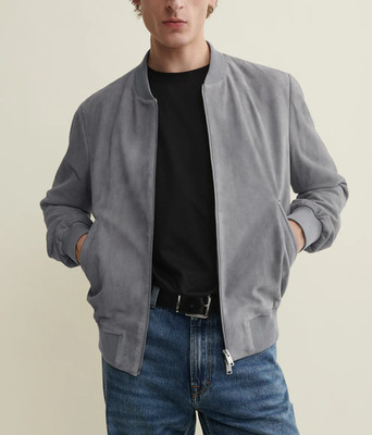 Dunkelgraue Bomber Lederjacke für Herren reines Wildleder alle Größen S M L X...