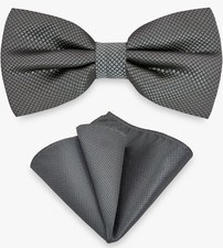 Men's Bow Tie Pocket Square Set, Unisex Design Bowtie and Handkerchief Gray NEW