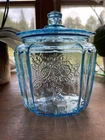 Anchor Hocking Antique Ice Blue Glass Mayfair Open Rose Biscuit Jar With Lid