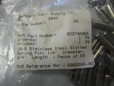 McMaster-Carr 92373A365 Unused 8-8 SS 1/4" Dia, 3/4" Slotted Spring Pins QTY 40