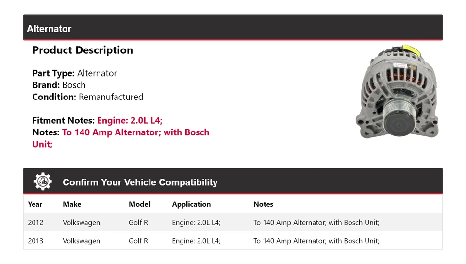 Alternador Bosch para Volkswagen Golf R 2012-2013 2,0 L L4 (remanufacturado) Foto 2 de 4