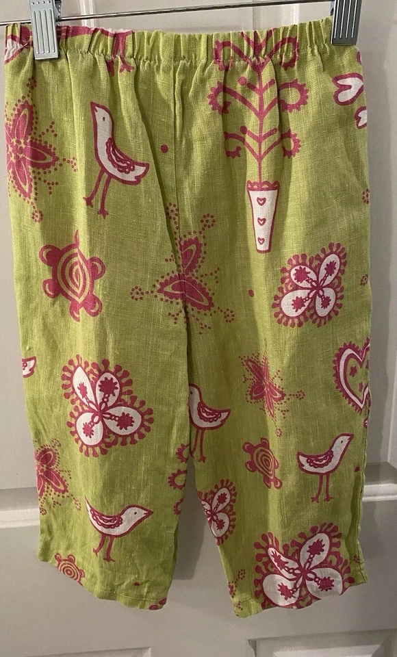 Greggy Girl Girl's Size 5 LINEN Green Pink Pants Elastic Waistband Heart Bird - Image 3 of 4