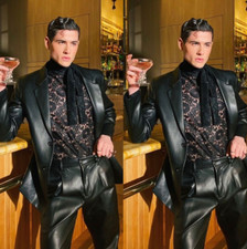 Black Leather Men Suits Fashion Wedding Groom Party Prom Tuxedos Slim Fit 2 Pcs