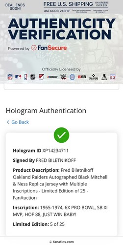 Fred Biletnikoff Oakland Raiders Signed Jersey with Inscriptions - Picture 4 of 4