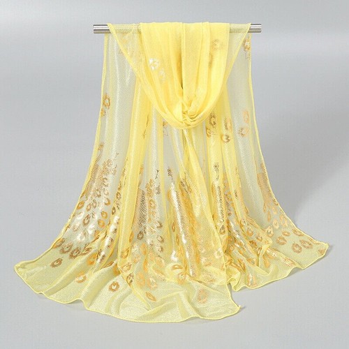 Lady Fashion Yellow W/Gold Peacock Print Chiffon Scarf Wrap Shawl. Size 24 x 66" - Picture 4 of 6