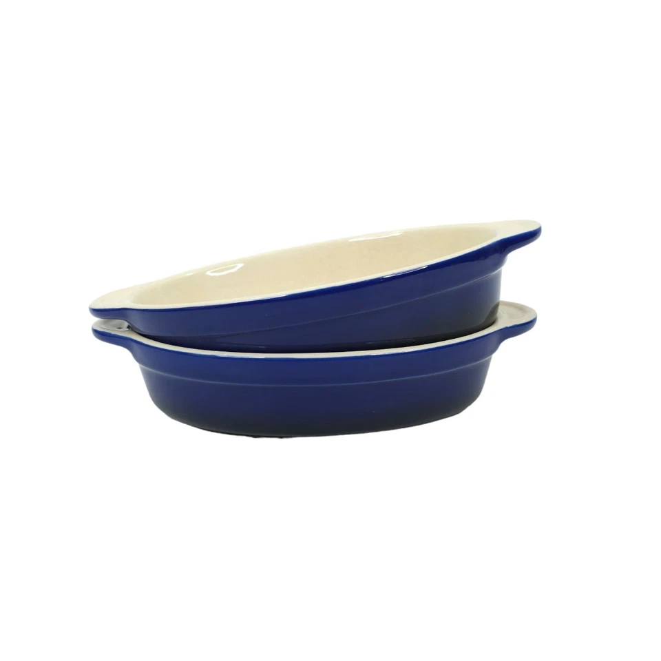 Platos para hornear Denby Au Gratin 2 panaderos individuales ovalados 9x5 gres azul crema Foto 2 de 4