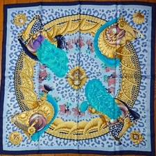 Hermes Scarf CASQUES et PLUMETS 90 cm Silk blue Carre helmet 35"