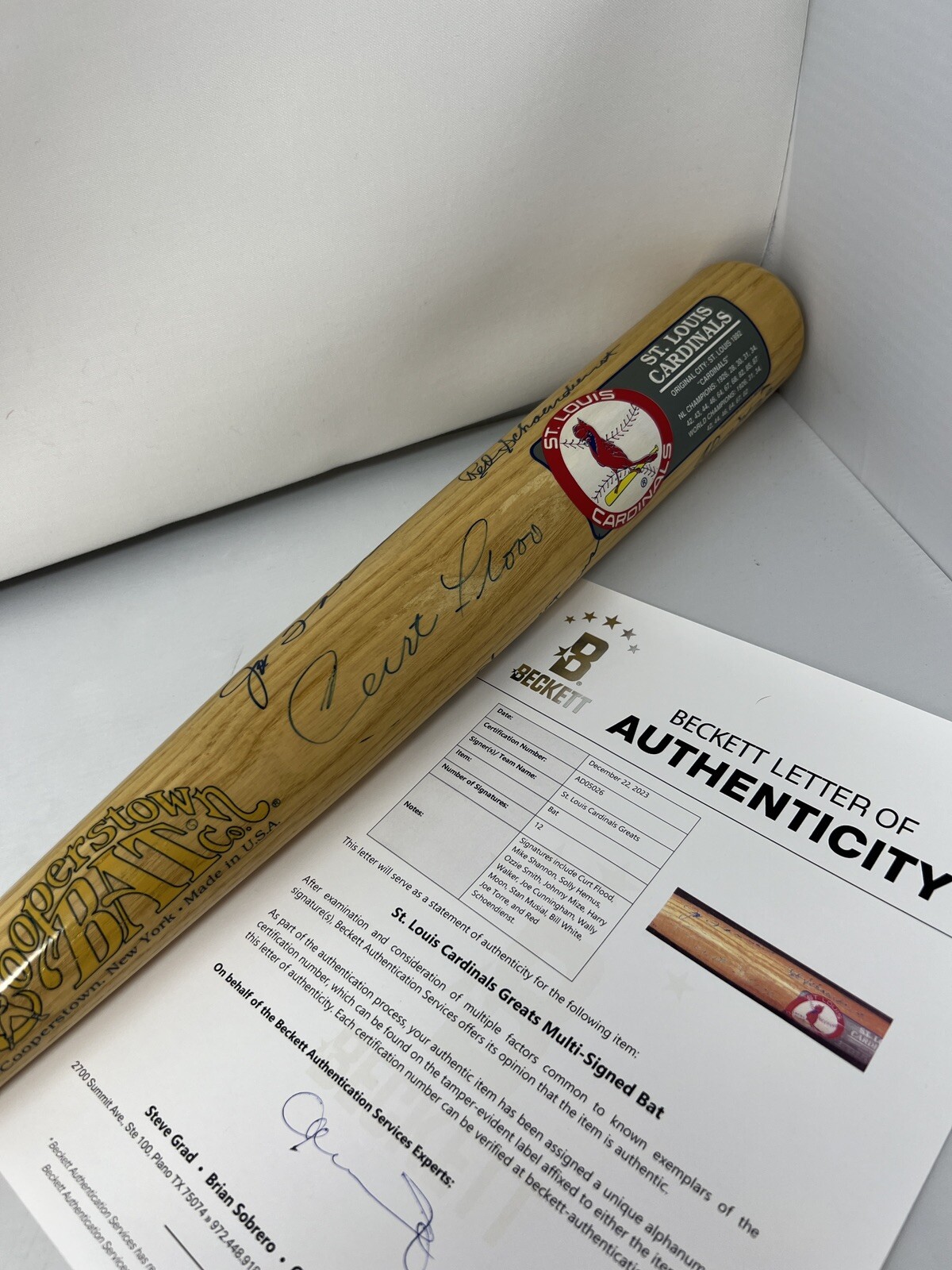 Curt Flood Autographed Signed St. Louis Cardinals Stan Musial Ozzie Smith Cardinals Cooperstown Bat Beckett 