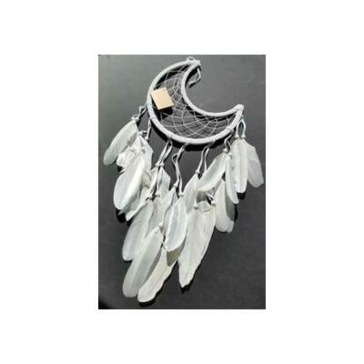 Dream Catcher Half Moon Crescent White with Feathers Beads 8-1/2
