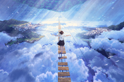 Anime girls sky clouds landscape bridge school uniform playmat gaming mat