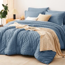 CozyLux King Size Comforter Set Grayish Blue, 7 Pieces Seersucker Textured Be...