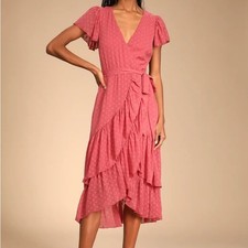 Lulus Have Harmony Mauve Swiss Dot Ruffled Faux Wrap Midi Dress