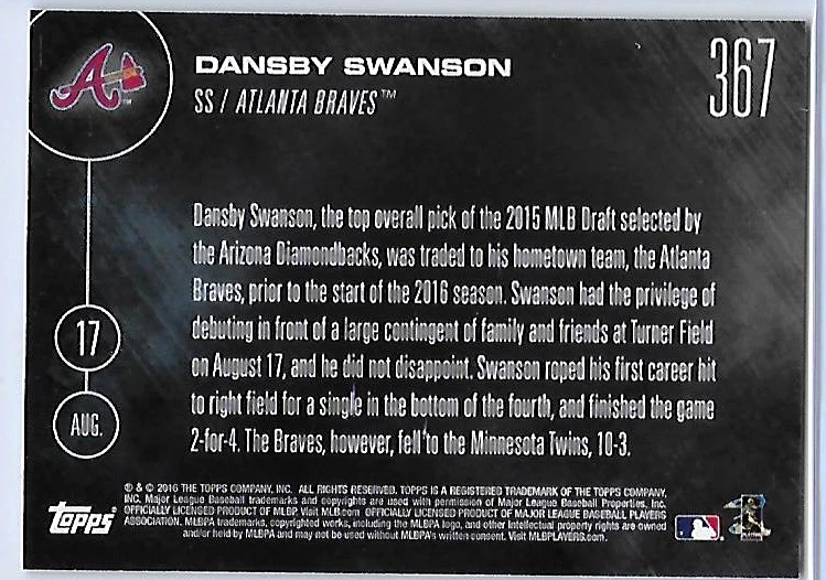 2016 TOPPS NOW DANSBY SWANSON RC No. 1 Draft Pick Goes 2-for-4 in Debut /1,450 - Image 2 of 2