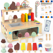 Foldable Wooden Ice Cream Toy Set Pretend Play Food Store for Toddlers, 52-Piece