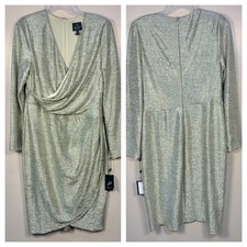 NWTs Adriana Papell Metallic Foiled Jersey Wrap Dress Gold Draping Cocktail 14