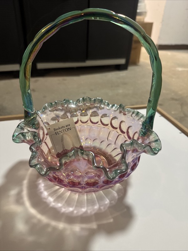Fenton Carnival Glass Basket Aqua/Rose