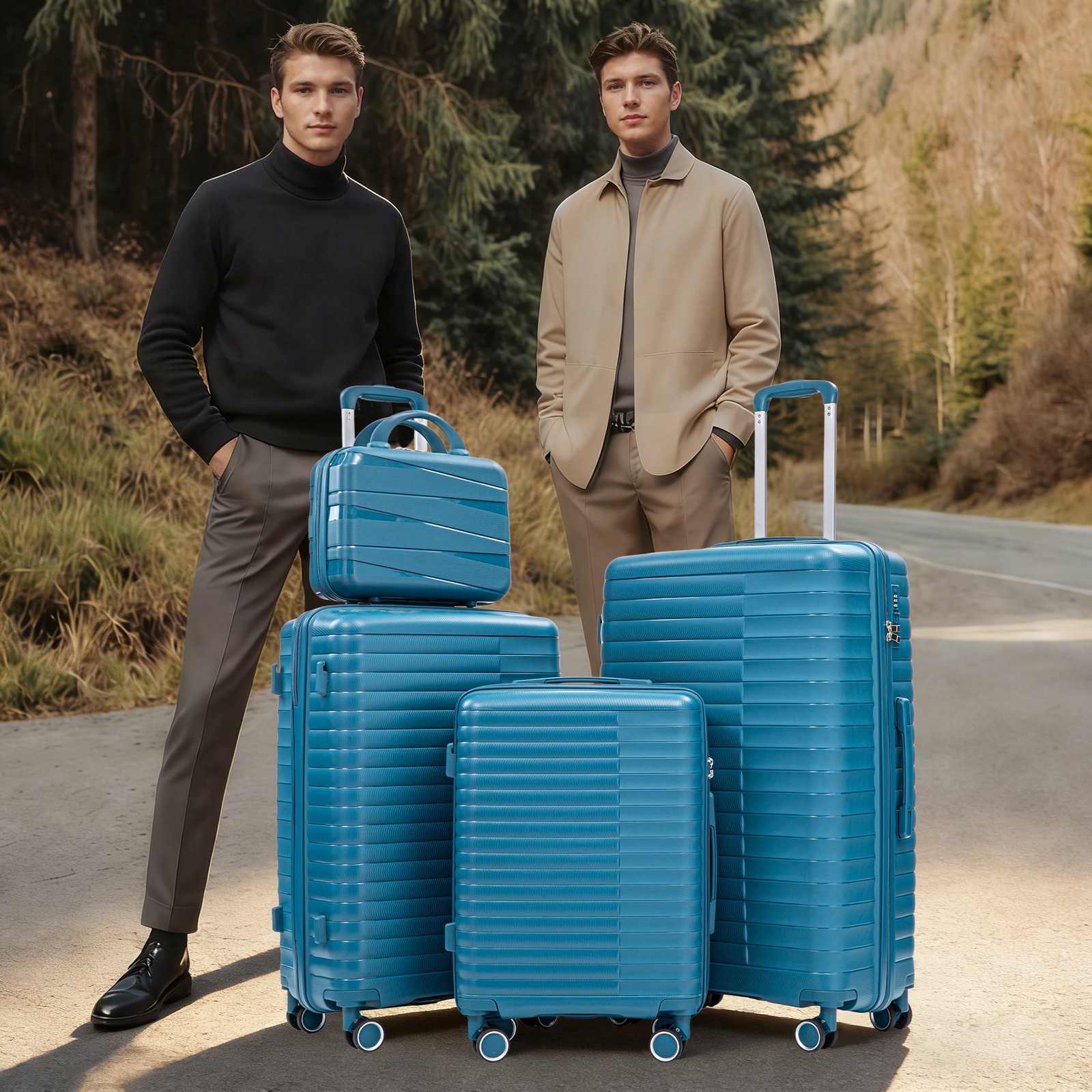 4pc PP Spinner Luggage Set 20/24/28in Suitcase w/14in Cosmetic Case Blue