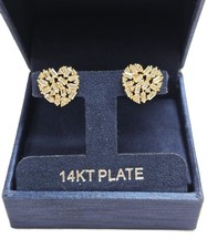 NEW SIMPLY SILVER 14KT GOLD PLATE HEART SHAPE BAGUETTE CRYSTALS CZ STUD EARRINGS