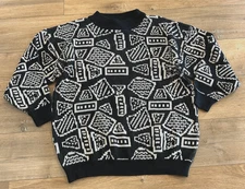 Vintage One Step Up Sweater Women's Size M Black White Geometric All Over 80s