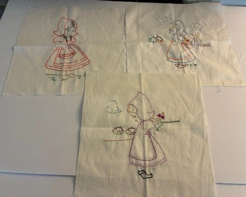 Vtg Lot of 3 Quilt Blocks Squares Little Dutch Girl Hand Stitched Embroidered