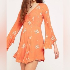 Free People Embroidered Jasmine Mini Dress Sz 8 Papaya Orange Witchy Boho Fairy