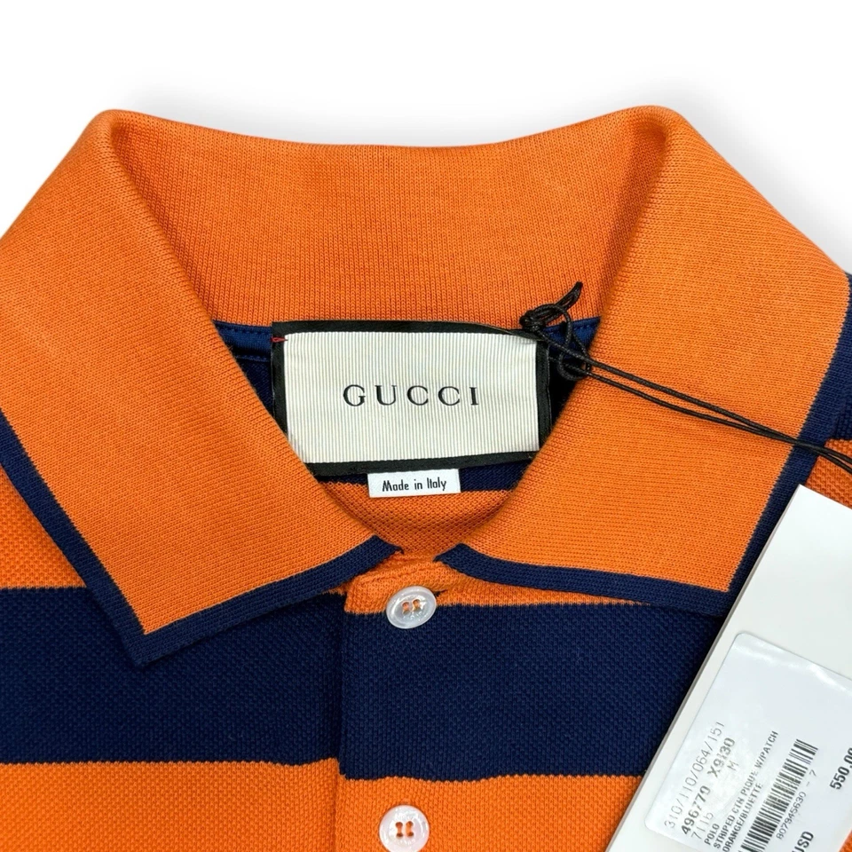 Camisa Polo 100% Auténtica GUCCI Naranja y Azul Marino Rayas Parche de Abeja Algodón Talla: M Foto 3 de 4