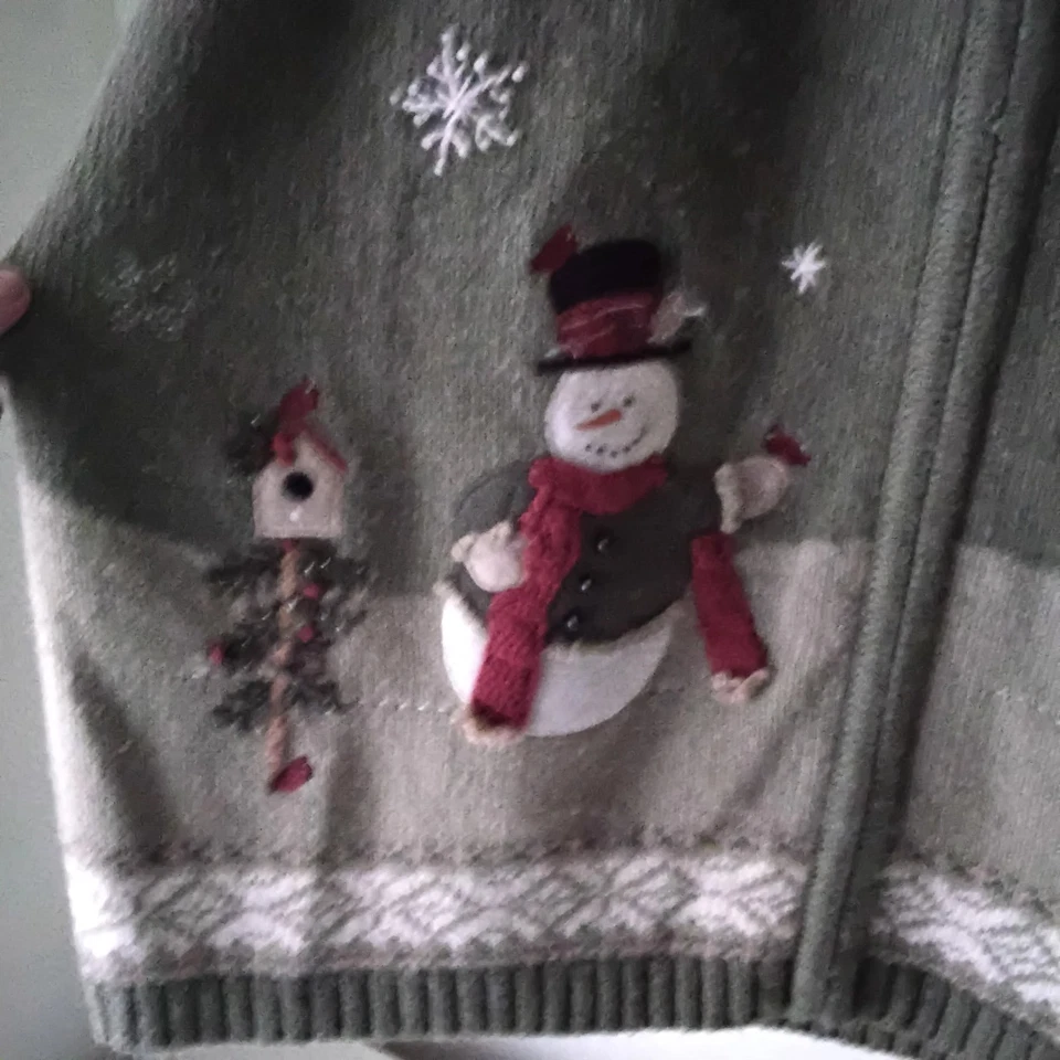 Cardigã Croft & Barrow verde boneco de neve inverno Natal zíper completo suéter em excelente estado usado - Imagem 4 de 4